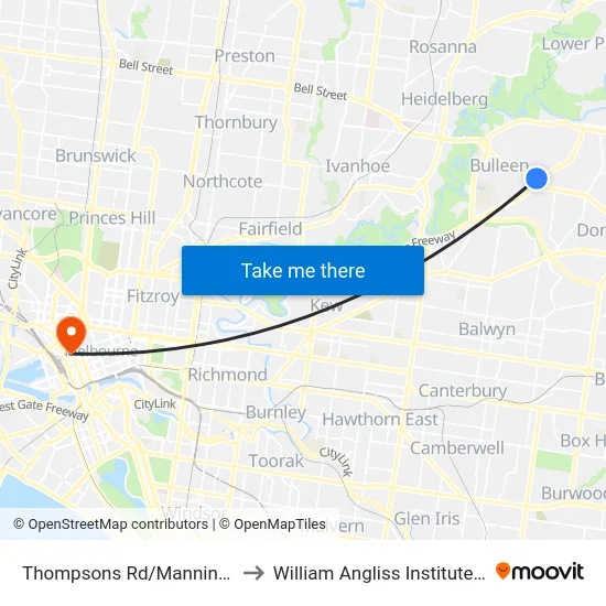 Thompsons Rd/Manningham Rd to William Angliss Institute Of TAFE map