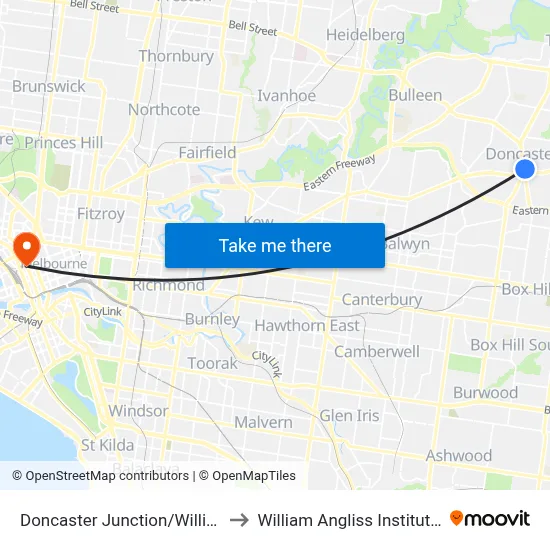 Doncaster Junction/Williamsons Rd to William Angliss Institute Of TAFE map