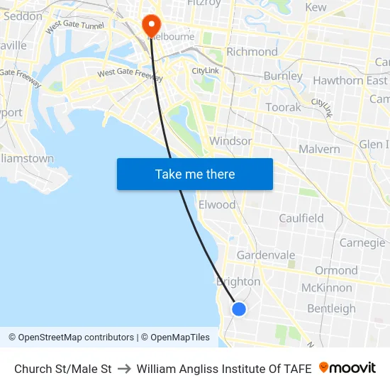 Church St/Male St to William Angliss Institute Of TAFE map