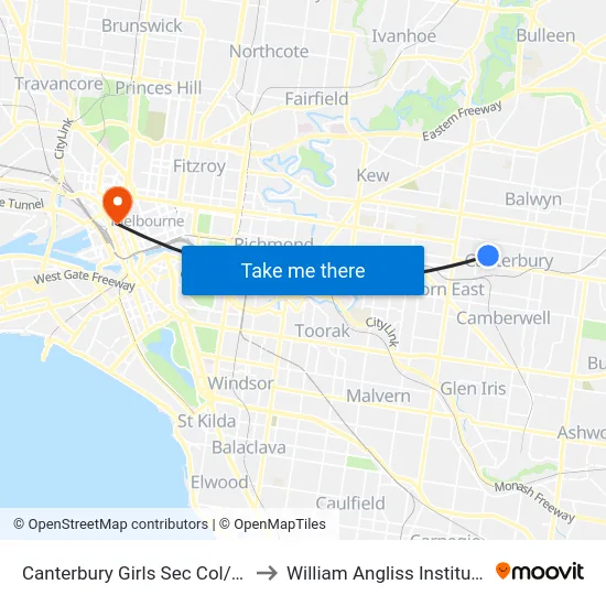 Canterbury Girls Sec Col/Malacca Rd to William Angliss Institute Of TAFE map