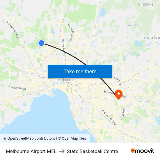 Melbourne Airport MEL to State Basketball Centre map
