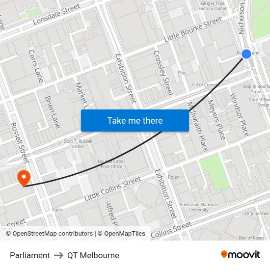 Parliament to QT Melbourne map