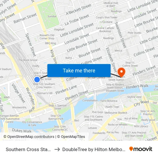 Southern Cross Station to DoubleTree by Hilton Melbourne map