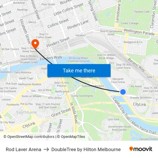 Rod Laver Arena to DoubleTree by Hilton Melbourne map