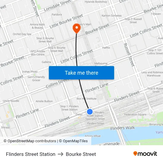 Flinders Street Station to Bourke Street map