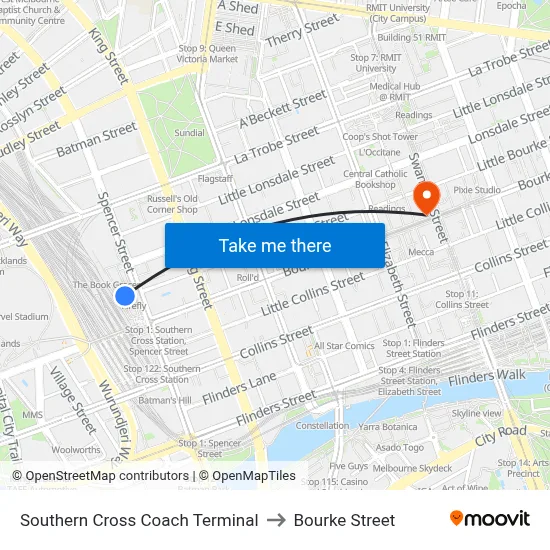 Southern Cross Coach Terminal to Bourke Street map