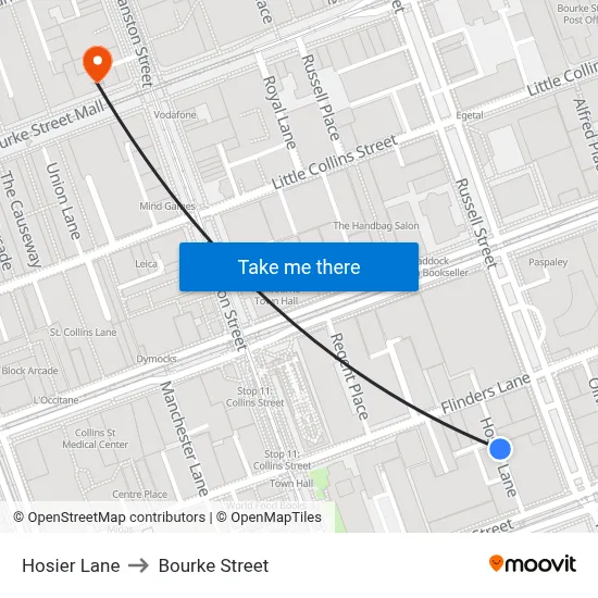 Hosier Lane to Bourke Street map