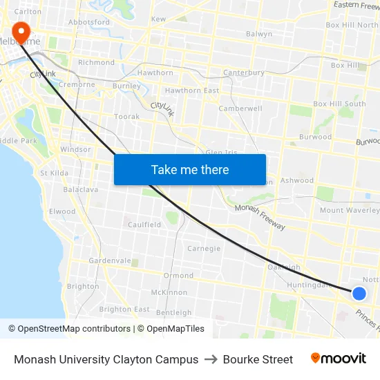 Monash University Clayton Campus to Bourke Street map