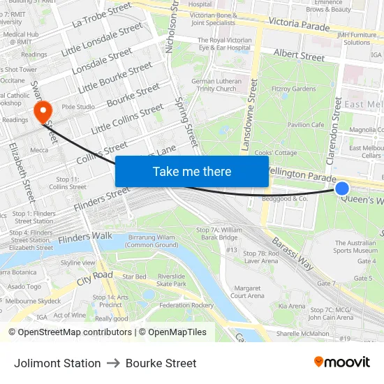 Jolimont Station to Bourke Street map