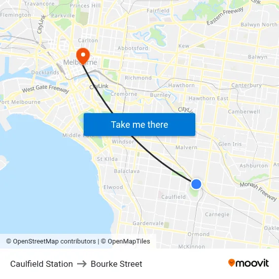 Caulfield Station to Bourke Street map