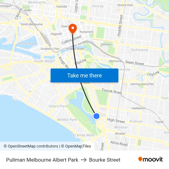 Pullman Melbourne Albert Park to Bourke Street map