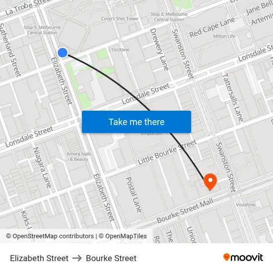 Elizabeth Street to Bourke Street map