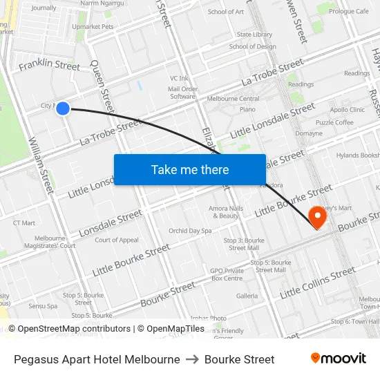 Pegasus Apart Hotel Melbourne to Bourke Street map