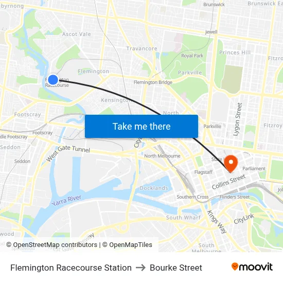 Flemington Racecourse Station to Bourke Street map