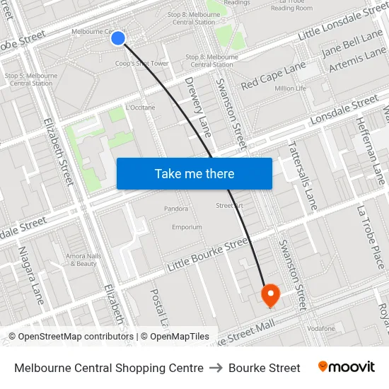 Melbourne Central Shopping Centre to Bourke Street map