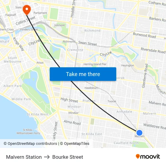 Malvern Station to Bourke Street map