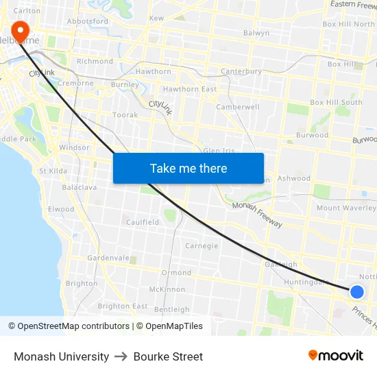 Monash University to Bourke Street map