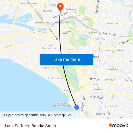 Luna Park to Bourke Street map