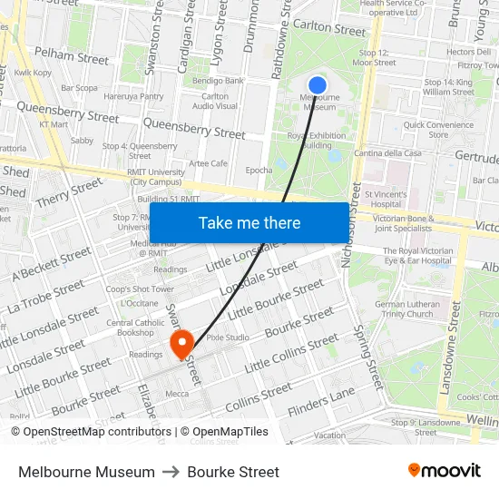 Melbourne Museum to Bourke Street map
