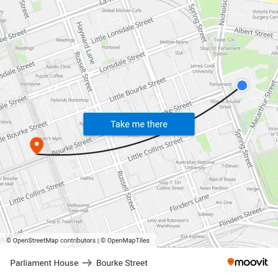 Parliament House to Bourke Street map