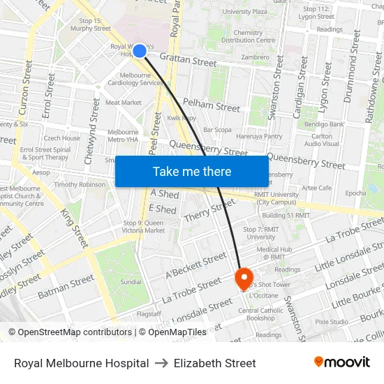 Royal Melbourne Hospital to Elizabeth Street map