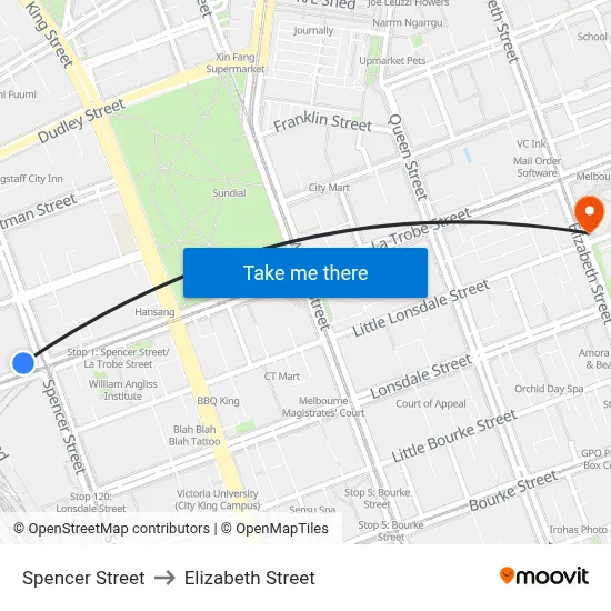 Spencer Street to Elizabeth Street map