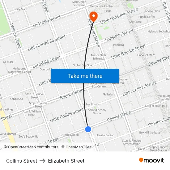 Collins Street to Elizabeth Street map