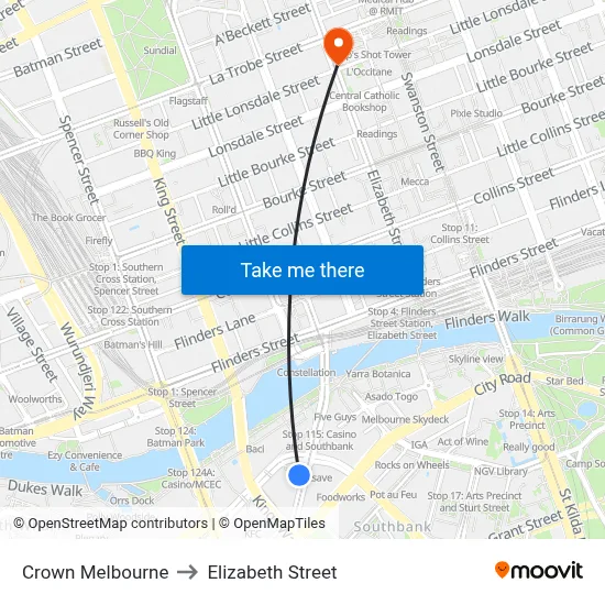 Crown Melbourne to Elizabeth Street map