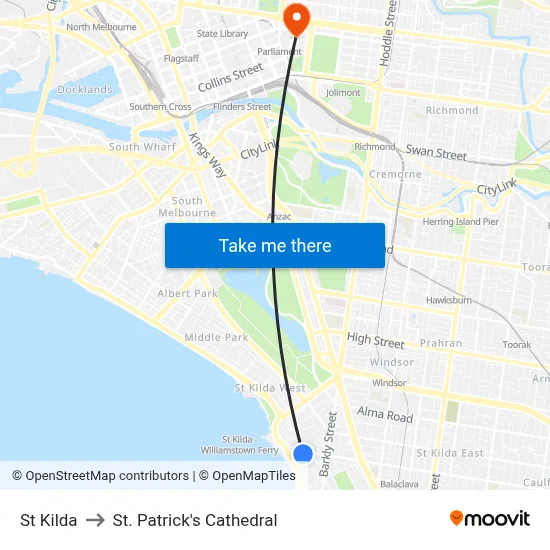 St Kilda to St. Patrick's Cathedral map