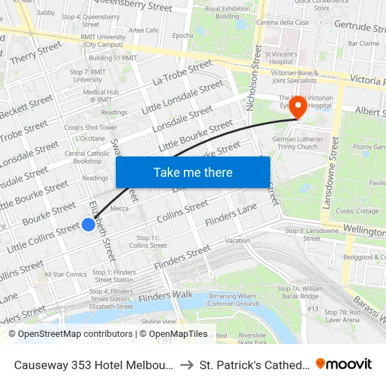 Causeway 353 Hotel Melbourne to St. Patrick's Cathedral map