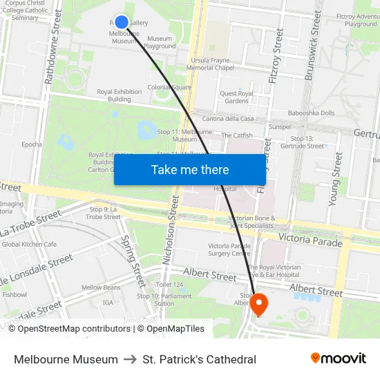 Melbourne Museum to St. Patrick's Cathedral map