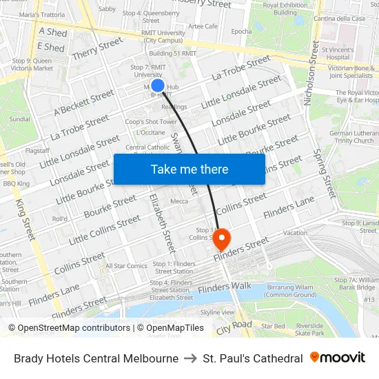 Brady Hotels Central Melbourne to St. Paul's Cathedral map