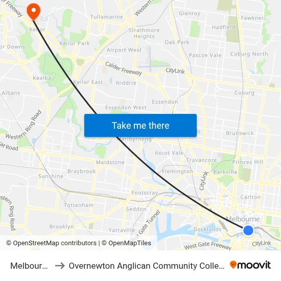 Melbourne to Overnewton Anglican Community College map