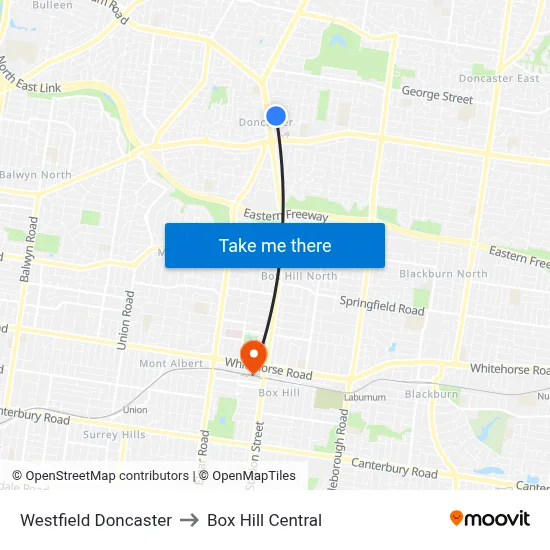 Westfield Doncaster to Box Hill Central map