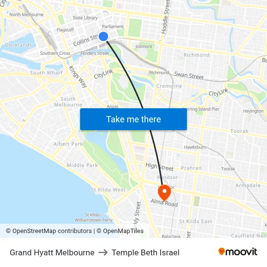 Grand Hyatt Melbourne to Temple Beth Israel map