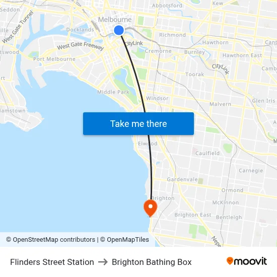 Flinders Street Station to Brighton Bathing Box map