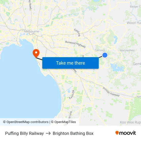 Puffing Billy Railway to Brighton Bathing Box map