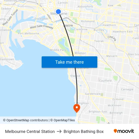 Melbourne Central Station to Brighton Bathing Box map