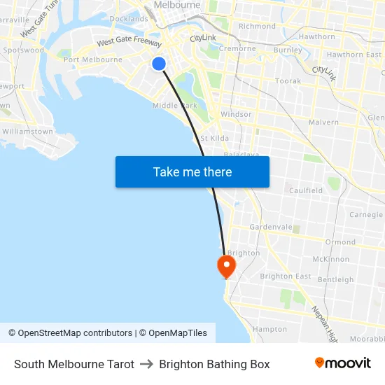 South Melbourne Tarot to Brighton Bathing Box map