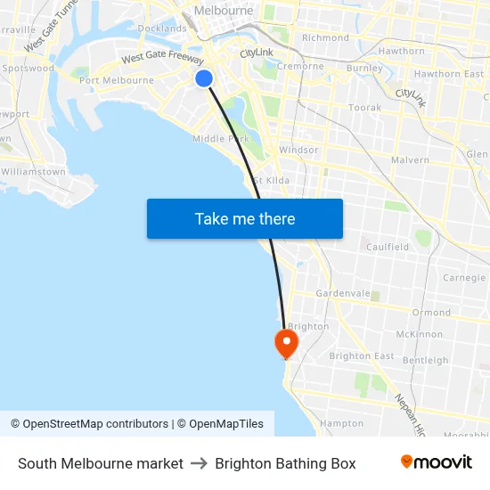 South Melbourne market to Brighton Bathing Box map