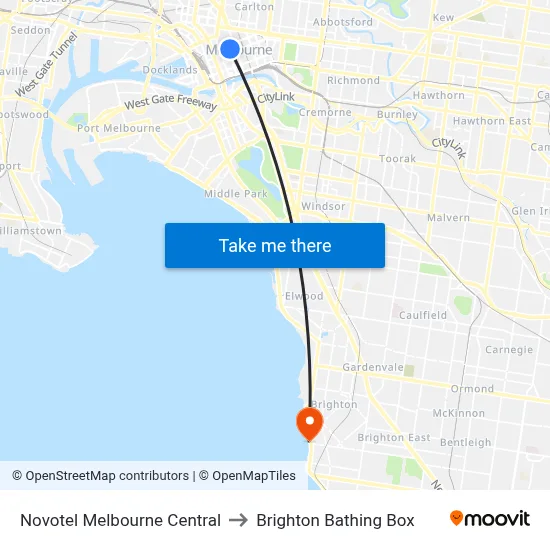 Novotel Melbourne Central to Brighton Bathing Box map