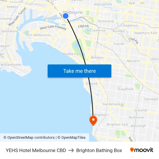 YEHS Hotel Melbourne CBD to Brighton Bathing Box map