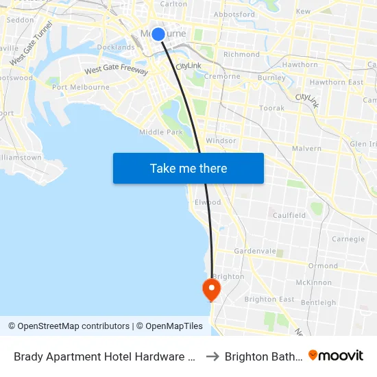 Brady Apartment Hotel Hardware Lane, Melbourne to Brighton Bathing Box map
