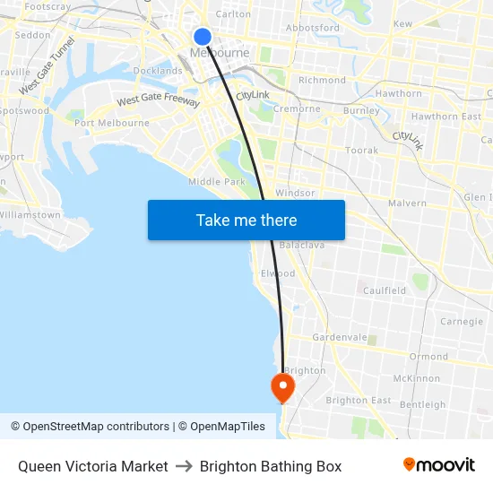 Queen Victoria Market to Brighton Bathing Box map