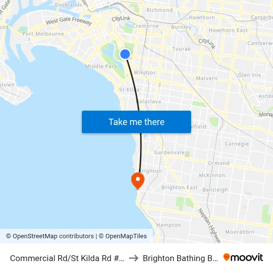 Commercial Rd/St Kilda Rd #25 to Brighton Bathing Box map