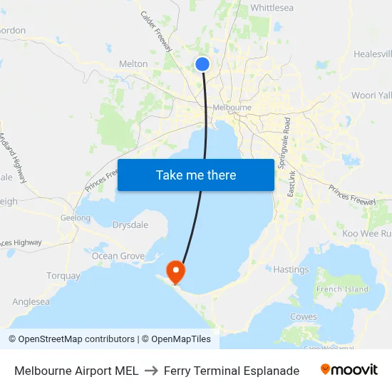Melbourne Airport MEL to Ferry Terminal Esplanade map