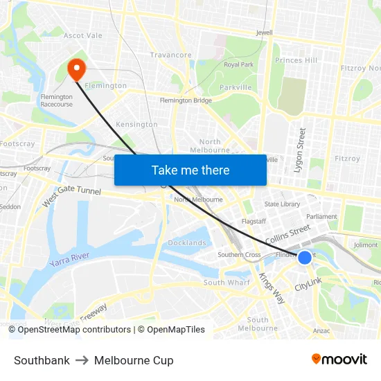 Southbank to Melbourne Cup map
