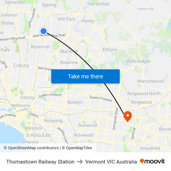 Thomastown Railway Station to Vermont VIC Australia map