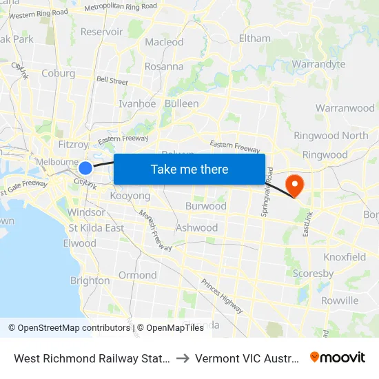 West Richmond Railway Station to Vermont VIC Australia map