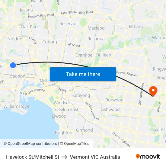Havelock St/Mitchell St to Vermont VIC Australia map